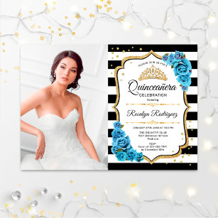 Quinceanera Party With Photo - Turquoise Blue Gold Invitation