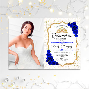 Quinceanera Party With Photo - White Gold Blue Invitation