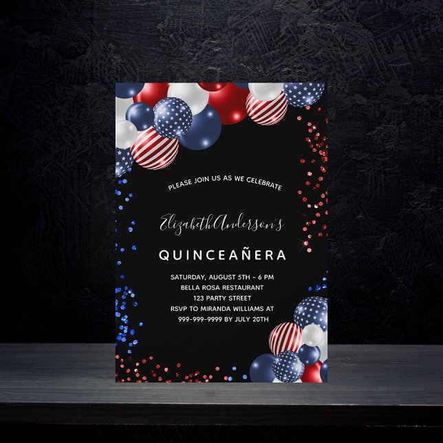 Quinceanera patriotic black red blue white balloon invitation postcard (Creator Uploaded)