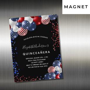Quinceanera patriotic black red blue white balloon magnetic invitation