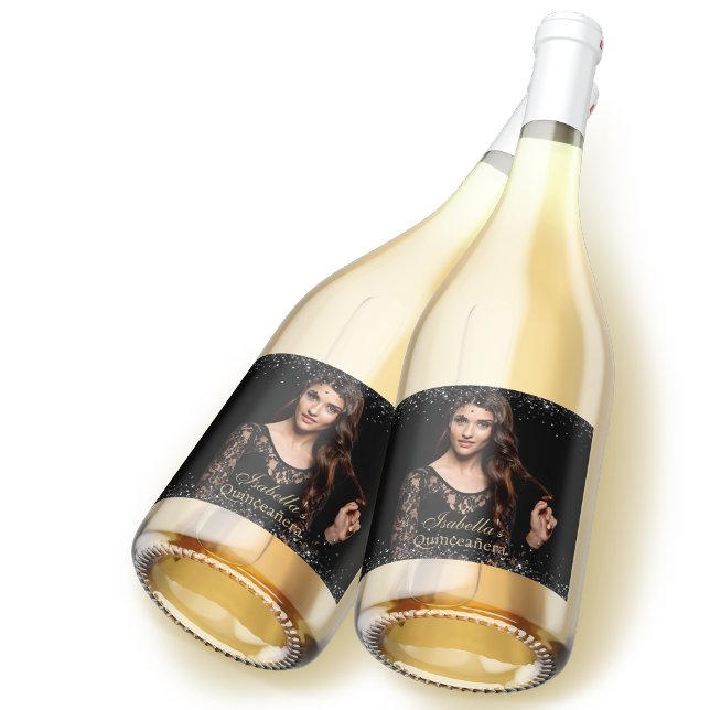 Quinceañera Personalised Photo Luxury Black Gold Sparkling Wine Label (Creator Uploaded)