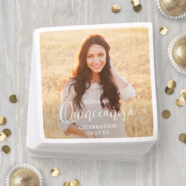 Quinceañera Photo and Modern Trendy White Script Napkin (Creator Uploaded)