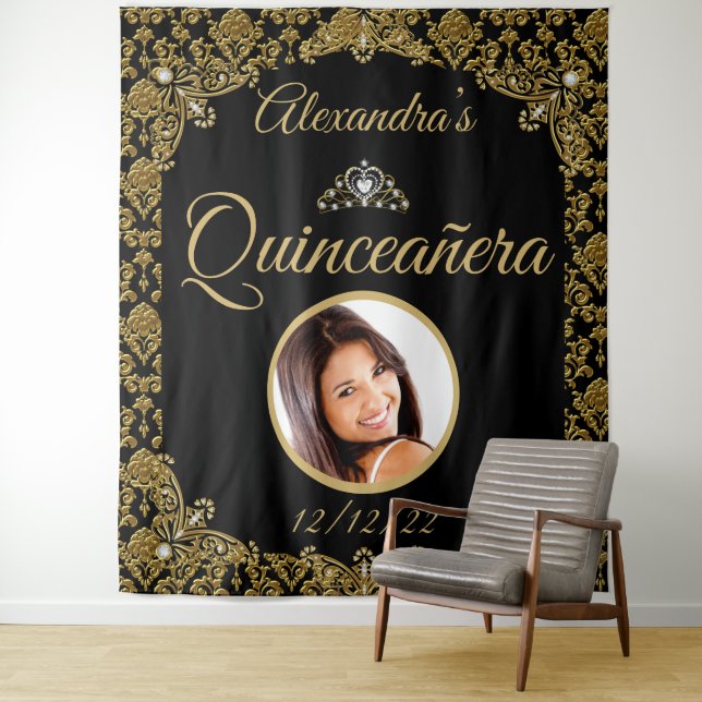Quinceanera Photo Black Gold Damask Tiara Birthday Tapestry (In Situ)
