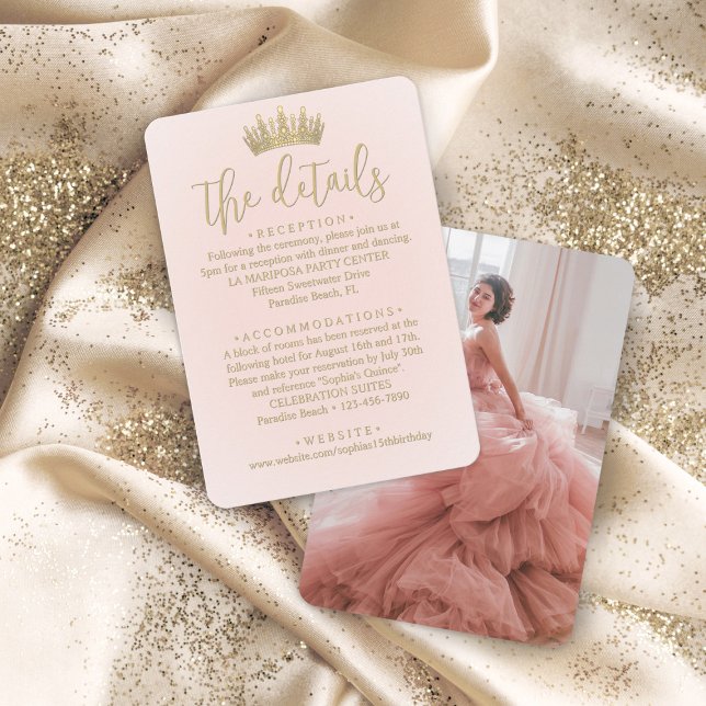 Quinceañera Photo Blush Pink & Gold Crown Details Enclosure Card (Creator Uploaded)