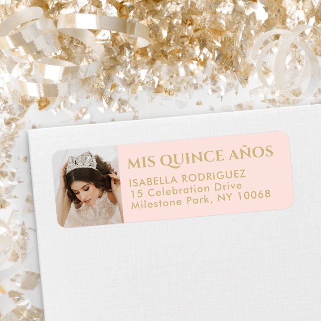 Quinceañera Photo Blush Pink & Gold Return Address (Creator Uploaded)