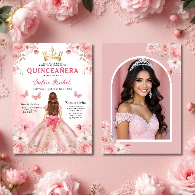 Quinceañera Photo Blush Pink Rose Floral  Invitation (Creator Uploaded)