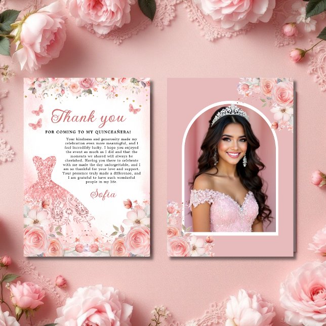 Quinceañera Photo Blush Pink Rose Floral Thank You (Creator Uploaded)