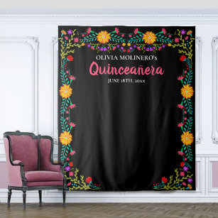 Quinceanera Photo Booth Backdrop Mexican Flowers Tapestry