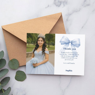 Quinceanera photo bow blue white thank you card