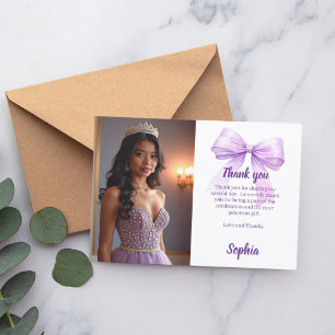 Quinceanera photo bow purple script thank you card