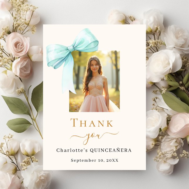 Quinceanera photo bow teal cream thank you card (Creator Uploaded)