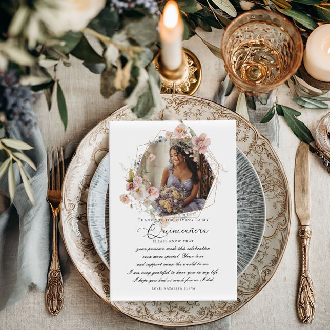 Quinceanera photo floral Flat Thank You Card (Creator Uploaded)