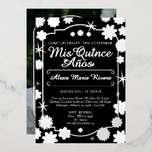 Quinceanera Photo Floral Gold Silver Foil Glam