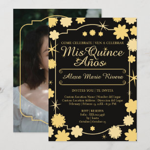 Quinceanera Photo Floral Gold Silver Rose Glam Invitation