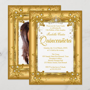 Quinceanera Photo Gold Diamond Tiara Party Invitation