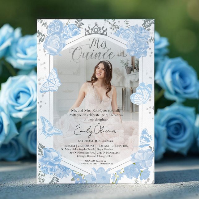 Quinceanera Photo Invitation Dusty Blue Butterfly (Creator Uploaded)