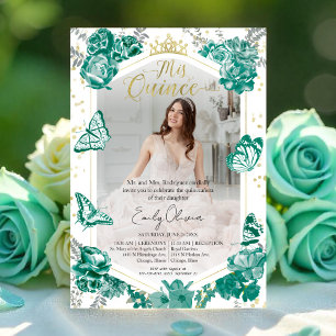 Quinceanera Photo Invitation Emerald Green Floral