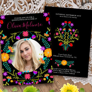 Quinceanera Photo Mexican Fiesta Floral Black Invitation
