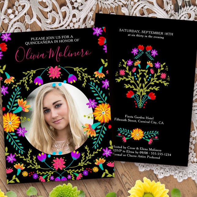 Quinceanera Photo Mexican Fiesta Floral Black Invitation (Quinceanera invitation with photo from my Mexican Fiesta Floral collection
)