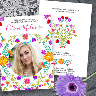Quinceanera Photo Mexican Fiesta Floral White Invitation
