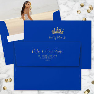 Quinceañera Photo Pre-Addressed Royal Bue and Gold Envelope