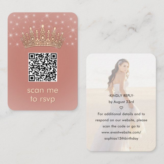 Quinceañera Photo QR RSVP Rose Gold Crown Scan Me Enclosure Card (Front/Back)