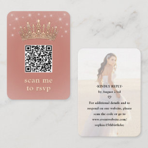 Quinceañera Photo QR RSVP Rose Gold Crown Scan Me Enclosure Card