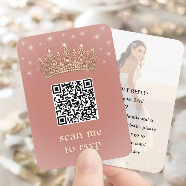 Quinceañera Photo QR RSVP Rose Gold Crown Scan Me Enclosure Card (Creator Uploaded)