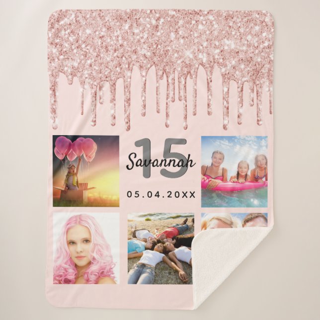Quinceanera photo rose gold glitter blush sherpa blanket (Front)