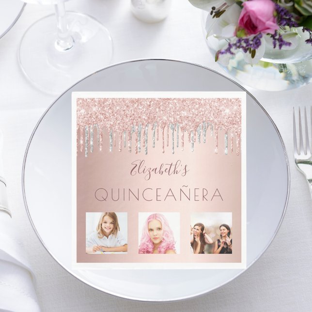 Quinceanera photo rose gold glitter pink silver napkin (Creator Uploaded)
