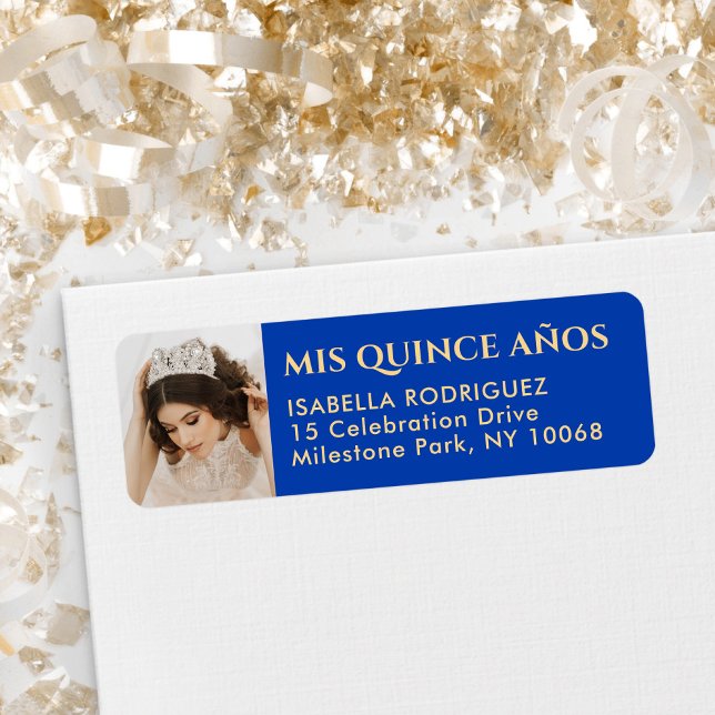 Quinceañera Photo Royal Blue & Gold Return Address (Creator Uploaded)