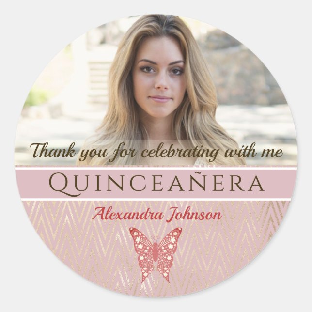 Quinceanera Photo Thank You Classic Round Sticker (Front)