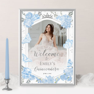 Quinceanera Photo Welcome Sign Dusty Blue Floral