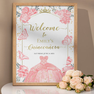 Quinceanera Photo Welcome Sign Pink Floral Gold
