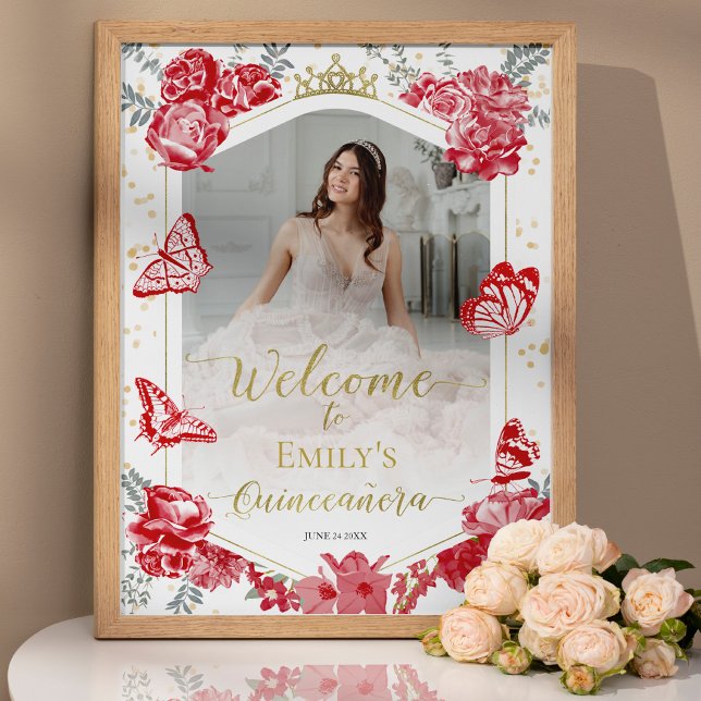 Quinceanera Photo Welcome Sign Red Floral Gold (Creator Uploaded)
