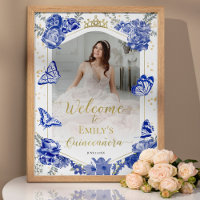 Quinceanera Photo Welcome Sign Royal Blue Floral