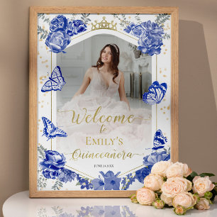 Quinceanera Photo Welcome Sign Royal Blue Floral