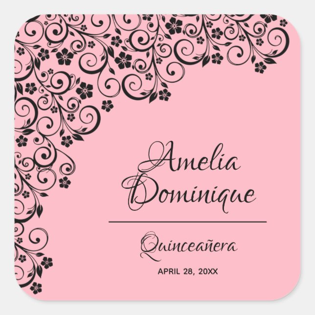 Quinceañera Pink and Black  Square Sticker (Front)