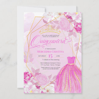 Quinceañera Pink and Gold elegant fancy Tiara Invitation