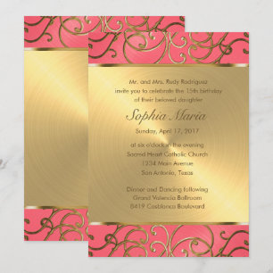 Quinceanera Pink and Gold Filigree Swirls Invitation