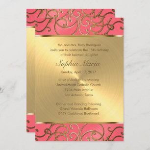 Quinceanera Pink and Gold Filigree Swirls Invitation