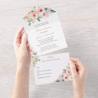 Quinceañera Pink and Gold Watercolor Flowers All In One Invitation