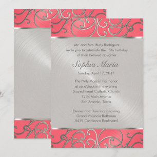 Quinceanera Pink and Silver Filigree Swirls Invitation