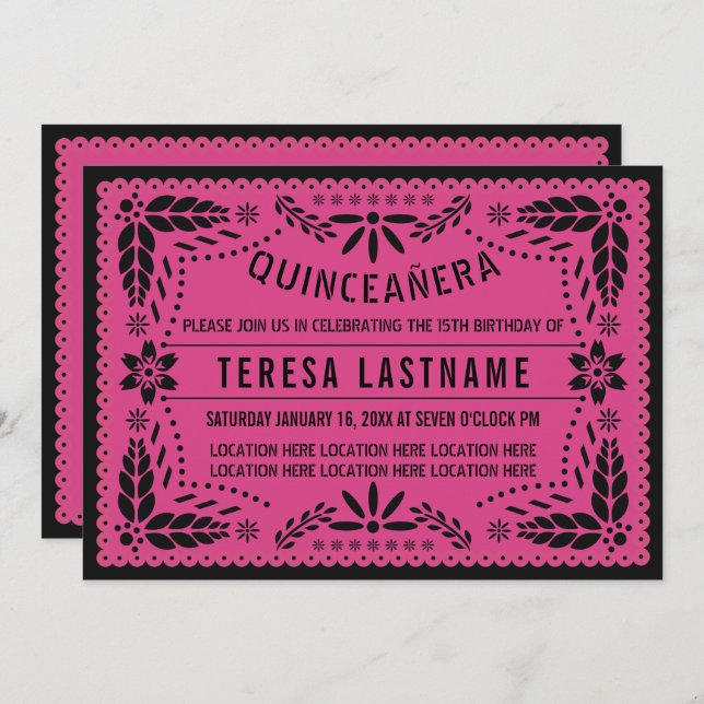 Quinceañera pink black papel picado invitation (Front/Back)