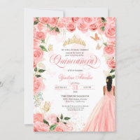 Quinceanera Pink Blush Roses Elegant Butterfly Inv