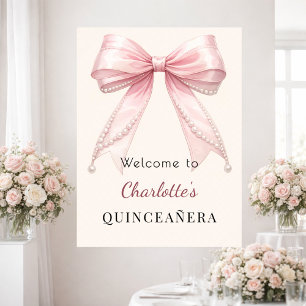 Quinceanera pink bow cream ivory pearls welcome poster