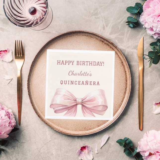 Quinceanera pink bow ivory luncheon napkin (Creator Uploaded)