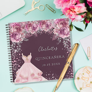 Quinceanera pink bugundy floral dress guest book