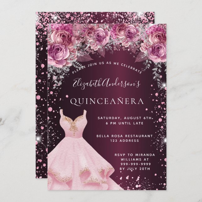 Quinceanera pink burgundy glitter dress floral invitation (Front/Back)