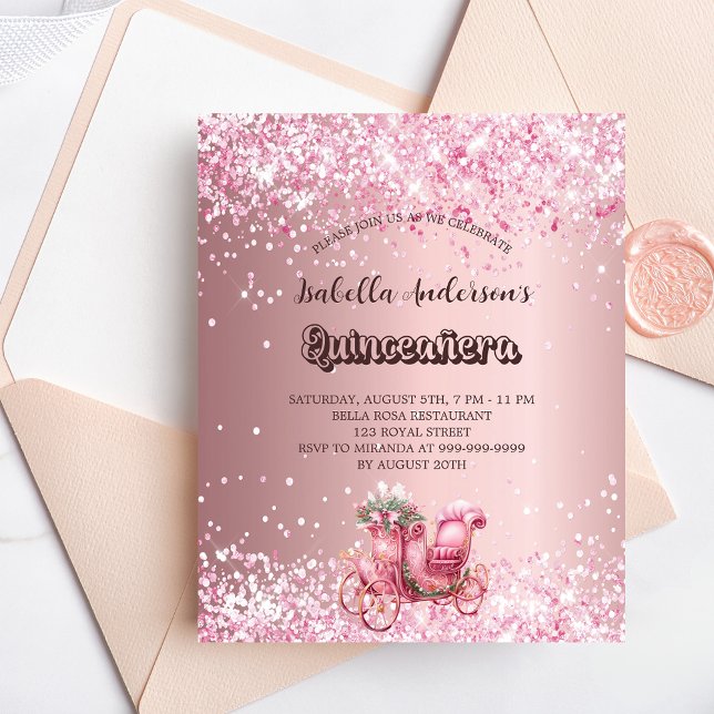 Quinceanera pink carriage budget invitation flyer (Creator Uploaded)